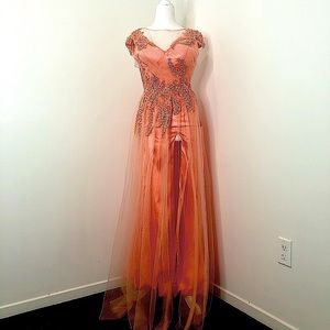 Custom Made Peach Beaded Prom/Bridesmaid/Maxi Dress/Gown